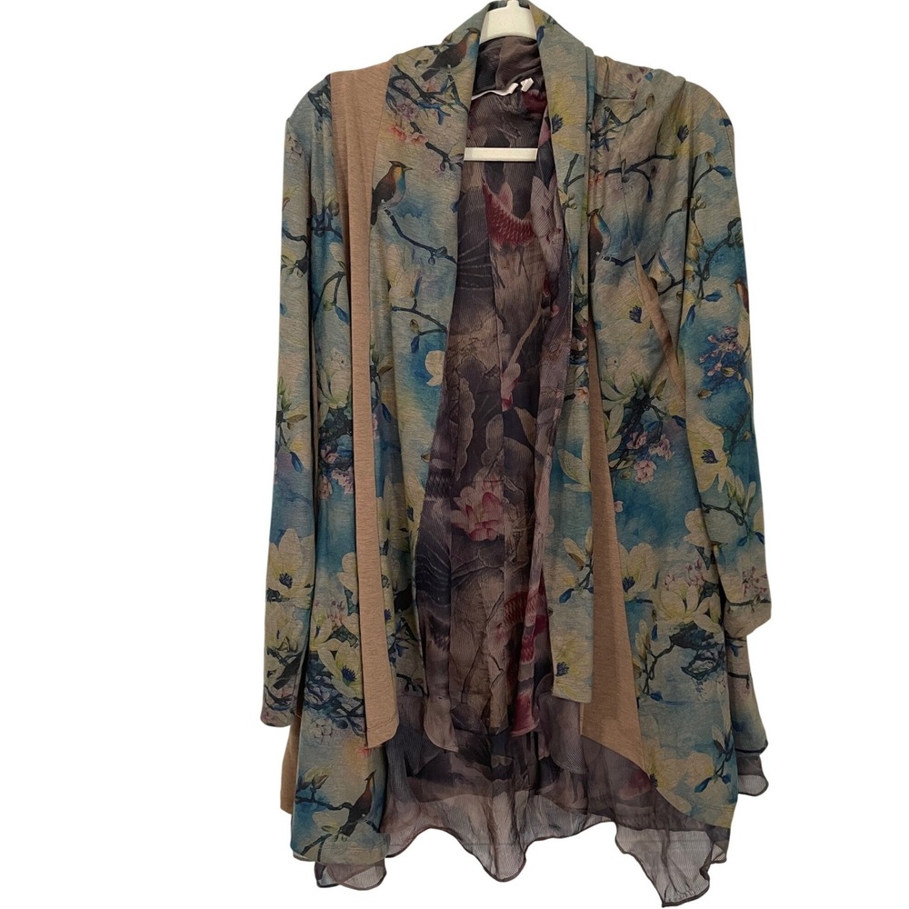 Soft‎ Surroundings Mixed Media Cardigan Floral Branch Bird Size M Brown Teal